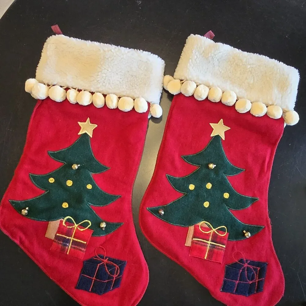 2 Red Christmas Stockings White Cuff Pom-Pom Trim Tree Hanging Loop
